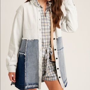 Listicle Color Block Denim Spliced Raw Hem Shirt Jacket